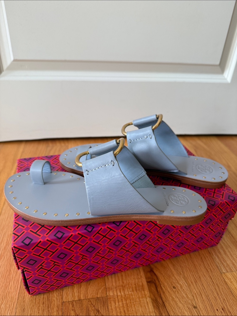 Tory Burch Light Blue Leather Ring-Accent Slide Sandals - Picture 4 of 4